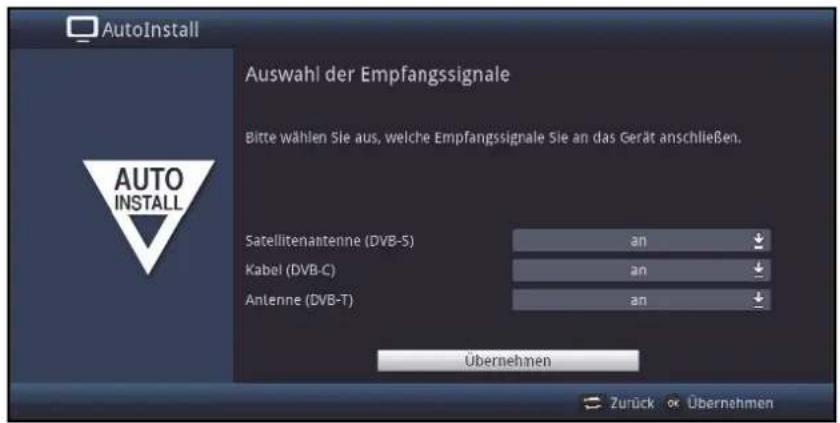 AutoInstall Auswahl der Empfangssignale Bitte wählen Sie aus, welche Empfangssignale Sie an das Gerät anschließen. Satellitenantenne (DVB-5) an Kabel (DVB-C) an Antenne (DVB-T) an Übernehmen Zurück Übernehmen