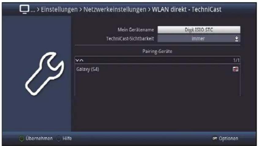 ... > Einstellungen > Netzwerkeinstellungen > WLAN direkt - TechniCast Mein Gerätename Digit ISIO STC TechniCast-Sichtbarkeit immer Pairing-Geräte 1/1 Galaxy (S4) Übernehmen Hilfe Optionen