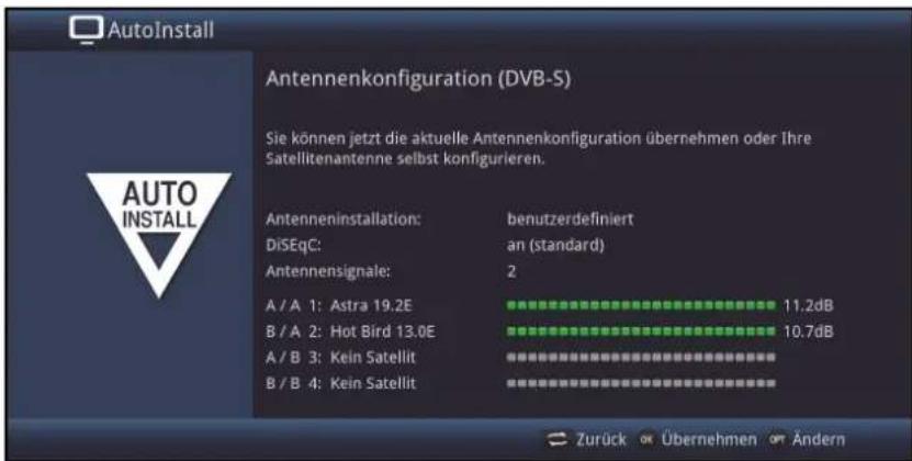 AutoInstall Antennenkonfiguration (DVB-S) Sie können jetzt die aktuelle Antennenkonfiguration übernehmen oder Ihre Satellitenantenne selbst konfigurieren. Antenneninstallation: benutzerdefiniert DiSEqC: an (standard) Antennensignale: 2 A / A 1: Astra 19.2E 11.2dB B / A 2: Hot Bird 13.0E 10.7dB A / B 3: Kein Satellit B / B 4: Kein Satellit