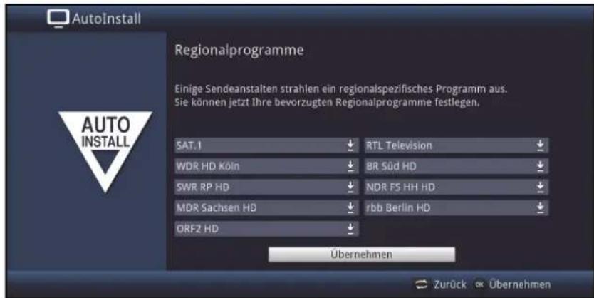 AutoInstall Regionalprogramme Einige Sendeanstalten strahlen ein regionalspezifisches Programm aus. Sie können jetzt Ihre bevorzugten Regionalprogramme festlegen. SAT.1 WDR HD Köln SWR RP HD MDR Sachsen HD ORF2 HD RTL Television BR Süd HD NDR FS HH HD rbb Berlin HD Übernehmen Zurück € Übernehmen