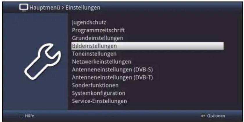 Hauptmenü > Einstellungen Jugendschutz Programmzeitschrift Grundeinstellungen Bildeinstellungen Toneinstellungen Netzwerkeinstellungen Antenneneinstellungen (DVB-S) Antenneneinstellungen (DVB-T) Sonderfunktionen Systemkonfiguration Service-Einstellungen