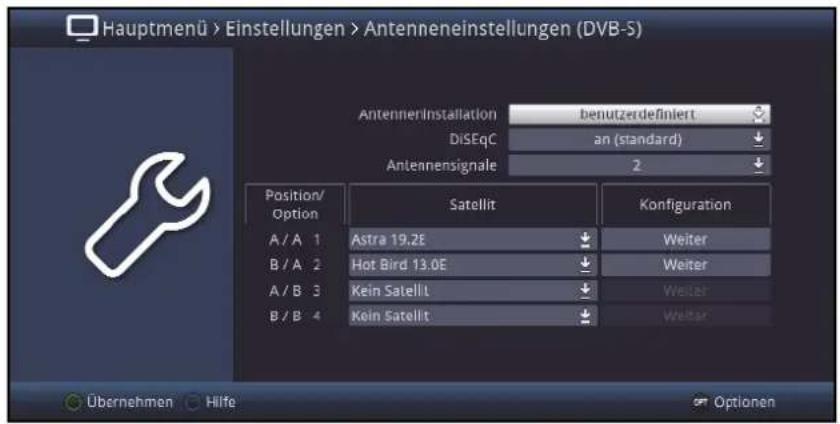 Hauptmenü > Einstellungen > Antenneneinstellungen (DVB-5) AntennerInstallation Denutzerdefiniert DiSEqC an (standard) Antennensignale 2 Position/Option Satellit Konfiguration A / A 1 Astra 19.2E Weiter B / A 2 Hot Bird 13.0E Weiter A / B 3 Kein Satellt Weiter B / B 4 Kein Satellt Weiter Übernehmen Hilfe Optionen