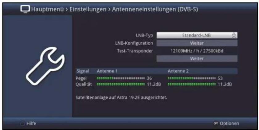 Hauptmenü > Einstellungen > Antenneneinstellungen (DVB-S) LNB-Typ Standard-LNB LNB-Konfiguration Weiter Test-Transponder 12109MHz / h / 27500kBd Signal Antenne 1 Antenne 2 Pegel 36 53 Qualität 11.2dB 11.2dB Satellitenanlage auf Astra 19.2E ausgerichtet. Hilfe Optionen