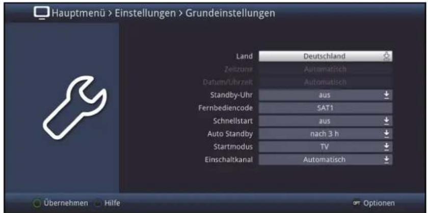Hauptmenü > Einstellungen > Grundeinstellungen Land Deutschland Zeitzunge Automatisch Datum/Uhrzek Automatisch Standby-Uhr aus Fernbediencode SAT1 Schnellstart aus Auto Standby nach 3 h Startmodus TV Einschaltkanal Automatisch Übernehmen Hilfe Optionen