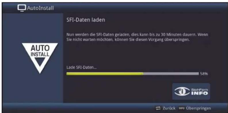 AutoInstall SFI-Daten laden Nun werden die SFI-Daten geladen, dies kann bis zu 30 Minuten dauern. Wenn Sie nicht warten möchten, können Sie diesen Vorgang überspringen. Lade SFI-Daten... 58% Zurück info Überspringen