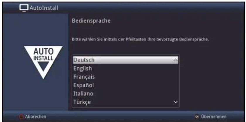 AutoInstall Bediensprache Bitte wählen Sie mittels der Pfeiltasten Ihre bevorzugte Bediensprache. Deutsch English Français Español Italiano Türkçe Abbrechen OK Übernehmen