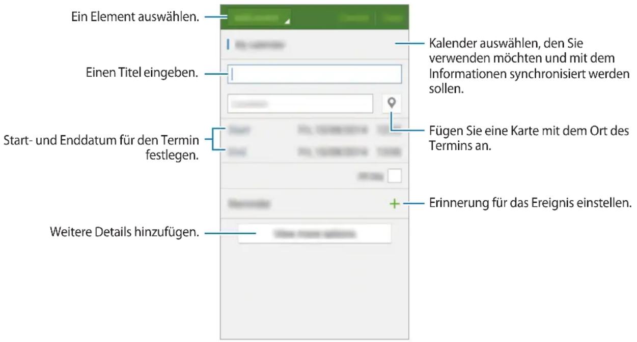 Ein Element auswählen. Einen Titel eingeben. Start- und Enddatum für den Termin festlegen. Weitere Details hinzufügen. Kalender auswählen, den Sie verwenden möchten und mit dem Informationen synchronisiert werden sollen. Fügen Sie eine Karte mit dem Ort des Termins an. Erinnerung für das Ereignis einstellen.