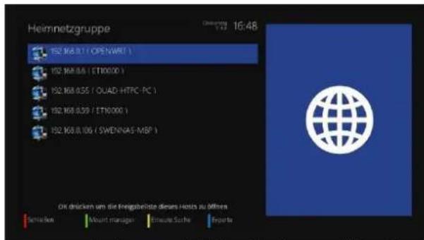 Heimnetzgruppe 192.164.0.1 ( OPENWAT ) 192.164.0.6 ( ET10000 ) 192.168.0.55 / OUAD-HTTPC-PC ) 192.168.0.59 / ET10000 ) 192.168.0.106 / SWENNAS-MBP ) Ok drücken um die Freiggbeliste dieses Hosts zu Miften Semiakien Mount manager Emuate Seite Projekte