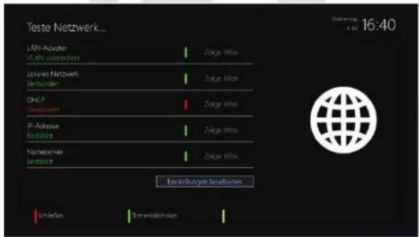 Teste Netzwerk... LAN-Aduater VLAN connections Lokales Netzwerk Verbinden DHCP Gesamtsum IP-Adresse Bestandt Namedamer Bestandt Zuge Infos. Zuge Infos. Zuge Infos. Zuge Infos. Zuge Infos. Einkleihungen bestanden Schließen Testwiedehalten 16:40