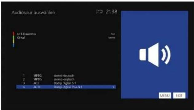 Audiospur auswählen AC3-Desemnix Kanal 1 MPEG stereo deutsch 2 MPEG stereo englöch 3 AC3 Dolby Digital 3.1 4 AC3+ Dolby Digital Plus 3.1 RUN Senses MENU EXIT