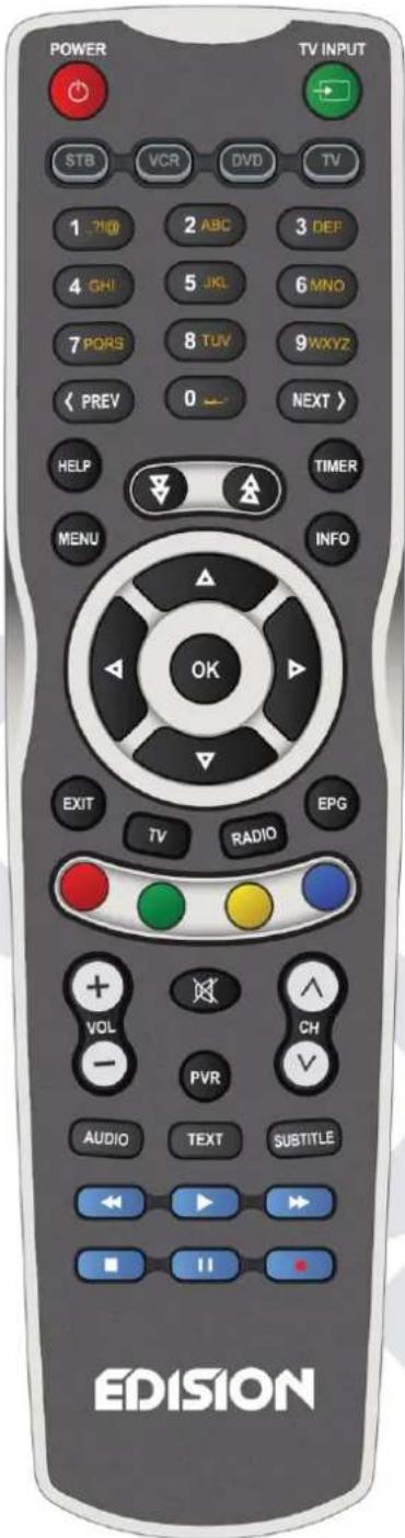 POWER STB VCR DVD TV 1 2 ABC 3 DEF 4 GHI 5 JKL 6 MNO 7 PORS 8 TUV 9WXYZ < PREV 0 > NEXT > HELP TIMER MENU INFO OK EXIT TV RADIO EPG + VOL - CH PVR AUDIO TEXT SUBTITLE ← ▶ → ▶ ■ II * EDISION