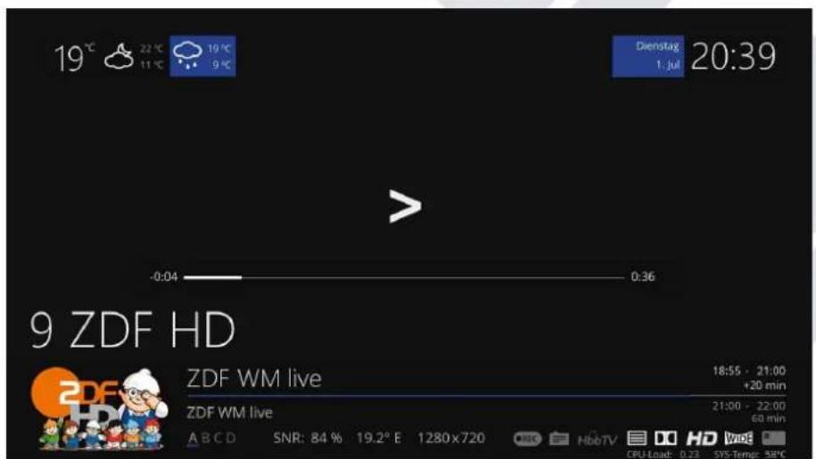 19 °C 22 °C 19 °C 11 °C 9 °C Dienstag 1 jul 20:39 - -0:04 0:36 9 ZDF HD ZDF WM live 18:55 - 21:00 +20 min ZDF WM live 21:00 - 22:00 60 min A B C D SNR: 84 % 19.2° E 1280x720 HBC HbbTV CPU Load HD WIDE CPU Load: 0.23 SYS Temp: 58°C
