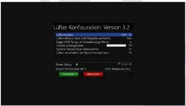 Lüfter Konfiguration: Version 3.2 Lüfter modulus Lüfter Am Lüfter Modus nach Zeit Vergabe wachnals 90m Zolge HDD-Temp. im Erweiterungs Media 3x Instare Lüftergeschweite 70% System Temperature überwischen 40% Lüfter anschalten bei System temperature 50 Power Status Pt 1/1/12 0% System Temperature SBF C HDD Temperature R.V. System Abtraktion