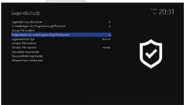 Jugendschutz Jugendschutz aktvoren Einstellungen für Programmungsriffschutz Setup PIN anders Programme vor unbergehem Zugit schözen Jugendschutz Typ Service PIN Anders Service PIN markers Kanalische besonderen Beausquistete besonderen Reused black-white info 20:31