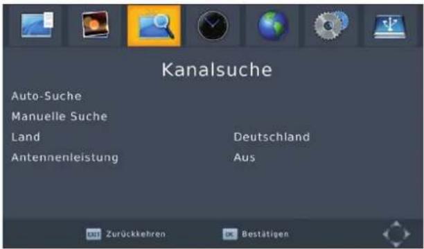 Kanalsuche Auto-Suche Manuelle Suche Land Antennenleistung Deutschland Aus ÜBZ Zurückkehren ÜK Bestätigen