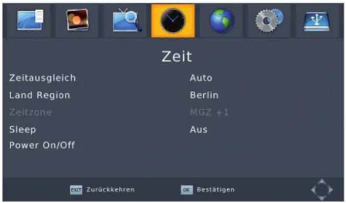 Zeit Zeitausgleich Auto Land Region Berlin Zeitzone MGZ +1 Sleep Aus Power On/Off DXT Zurückkehren OK Bestätigen