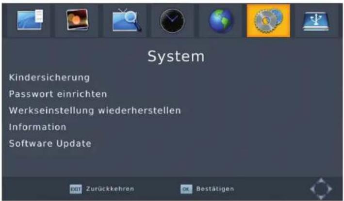 System Kindersicherung Password einrichten Werkseinstellung wiederherstellen Information Software Update
