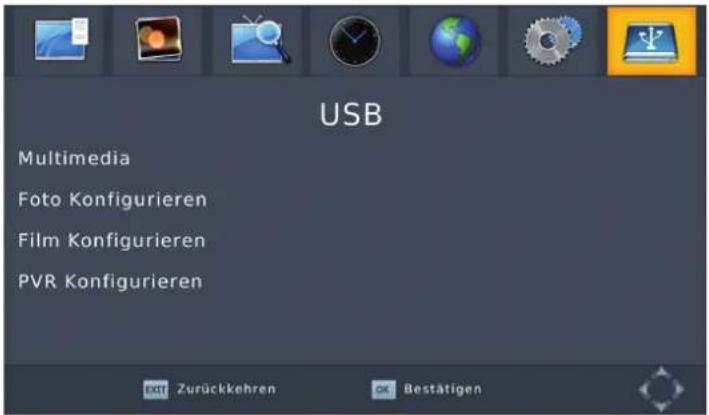 USB Multimedia Foto Konfigurieren Film Konfigurieren PVR Konfigurieren EXIT Zurückkehren OK Bestätigen
