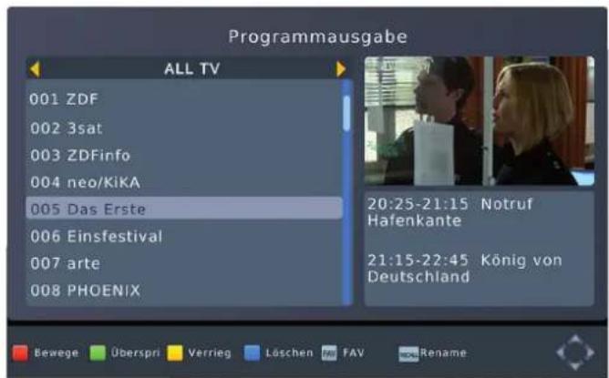 Programmausgabe ALL TV 001 ZDF 002 3sat 003 ZDInfo 004 neo/KiKA 005 Das Erste 006 Einsfestival 007 arte 008 PHOENIX 20:25-21:15 Notruf Hafenkante 21:15-22:45 König von Deutschland Bewege Überspri Verrieg Löschen FAV Rename