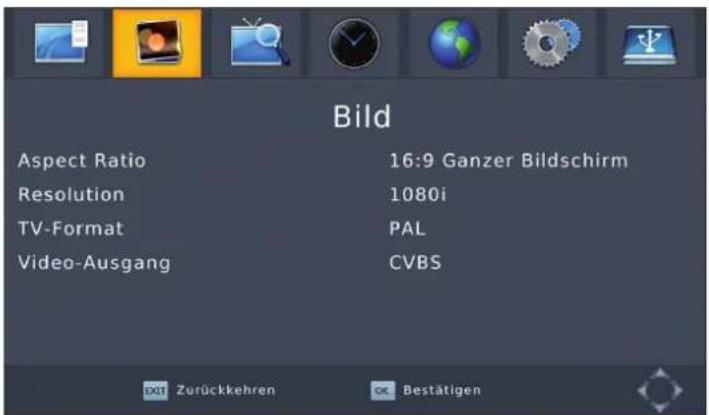 Bild Aspect Ratio 16:9 Ganzer Bildschirm Resolution 1080i TV-Format PAL Video-Ausgang CVBS EXIT Zurückkehren OK Bestätigen