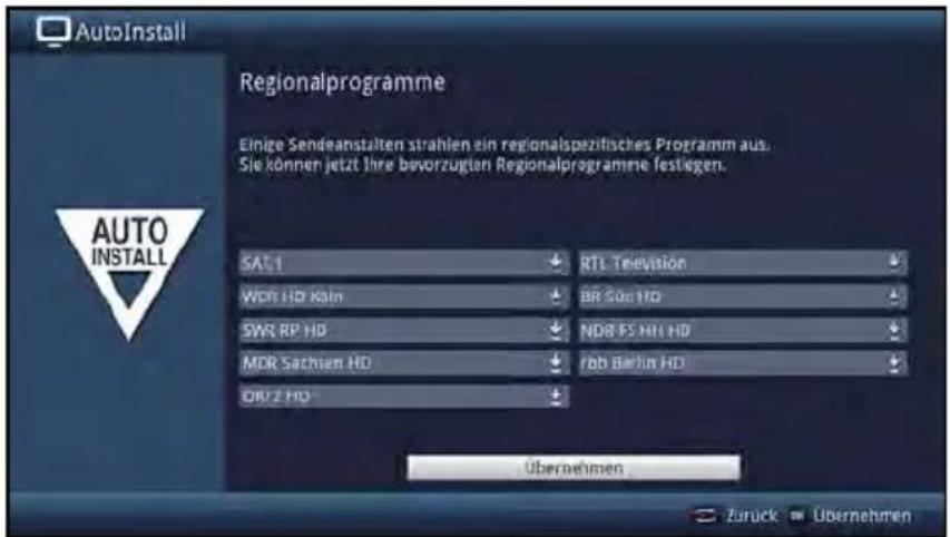 AutoInstall Regionalprogramme Einige Sendeanstalten strahlen ein regionalspezifisches Programm aus. Sie können jetzt Ihre bevorzugten Regionalprogramme festiegen. SAT.1 WDR HD Köln SWR RP HD MDR Sachsen HD OR/2 HD RTL Television BR Side HD NDB FS HH HD fbb Berlin HD Übernehmen Zurück Übernehmen