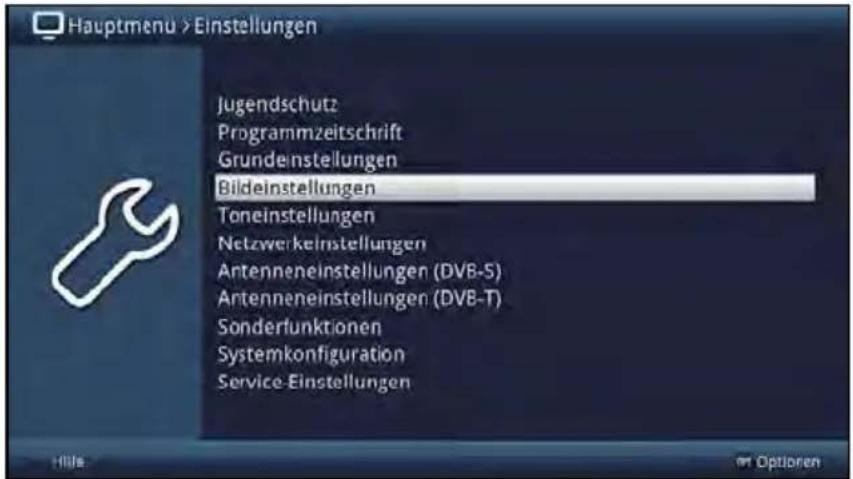 Hauptmenu > Einstellungen Jugendschutz Programmzeitschrift Grundeinstellungen Bildeinstellungen Toneinstellungen Netzwerkeinstellungen Antenneneinstellungen (DVB-S) Antenneneinstellungen (DVB-T) Sonderfunktionen Systemkonfiguration Service-Einstellungen