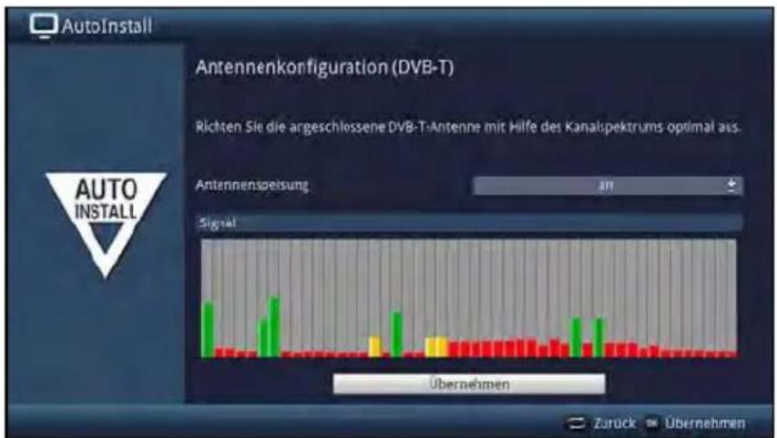 AutoInstall Antennenkonfiguration (DVB-T) Richten Sie die argeschlossene DVB-T-Antenne mit Hilfe des Kanalspektrums optimal as. Antennenspeisung Signal Übernehmen Zurück Übernehmen