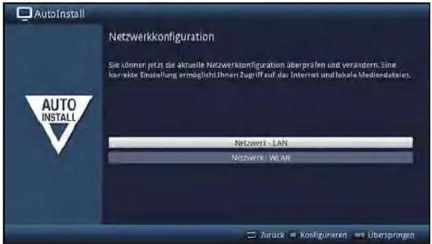 AutoInstall Netzwerkkonfiguration Sie können jetzt die aktuelle Netzwerkkonfiguration überprüfen und verändern. Eine korrekte Einstellung ermöglicht Ihnen Zugriff auf das Internet und lokale Mediendateien. AUTO INSTALL Netzwerk - LAN Netzwerk - WLAN Zurück • Konligurieren • Überspringen
