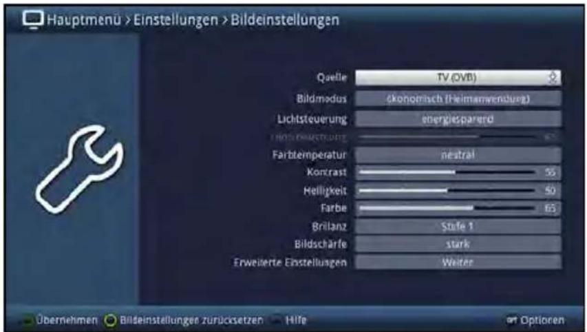 Hauptmenu > Einstellungen > Bildeinstellungen Quelle TV (OVB) Bildmodus (konomisch (Heimannwendung)) Lichtsteuerung energiesparerd Faktive-Erweistente Farbletemperatur neutral Koncrast 35 Helligkeit 50 Farbe 65 Brillanz Stafe 1 Bildschärfe stark Erweilte Einstellungen Weiter Übernehmen Bildeinstellungen zurücksetzen Hilfe Optioren