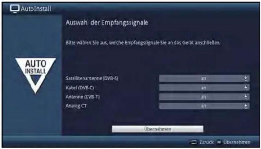 AutoInstall Auswahl der Empfangssignale Bitte wählen Sie aus, welche Empfangssignale Sie an das Gerät anschließen. Satellitenanterne (DVB-S) 20 Kabel (DVB-C) 20 Antenne (DVB-T) 20 Analog CT 20 Übernehmen Zurück Übernehmen