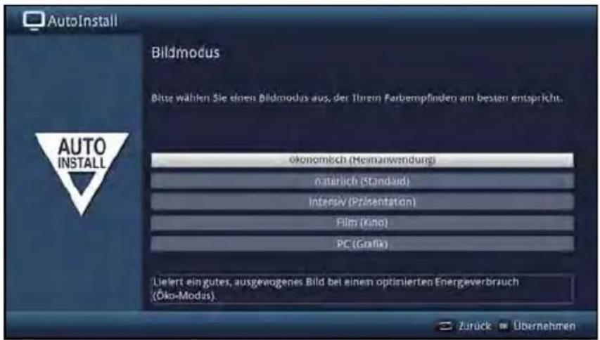 AutoInstall Bildmodus Bitte wählen Sie einen Bildmodus aus, der Ihren Farbempfinden am besten entspricht. Ökonomisch (Heinanwendung) naterlich (Standard) Intensiv (Päsentation) Film (Kino) PC (Grafix) Liefert ein gutes, ausgevogenes Bild bei einem optimierten Energieverbrauch (Öko-Modus).