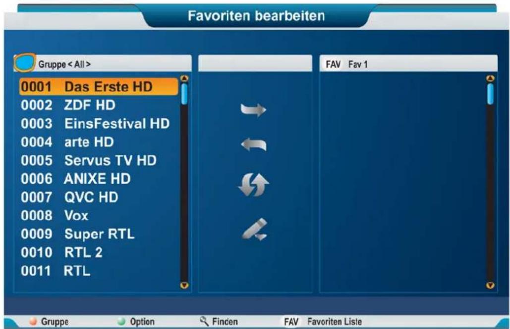 Favoriten bearbeiten Gruppe < All > 0001 Das Erste HD 0002 ZDF HD 0003 EinsFestival HD 0004 arte HD 0005 Servus TV HD 0006 ANIXE HD 0007 QVC HD 0008 Vox 0009 Super RTL 0010 RTL 2 0011 RTL FAV Fav 1 Gruppe Option Finden FAV Favoriten Liste
