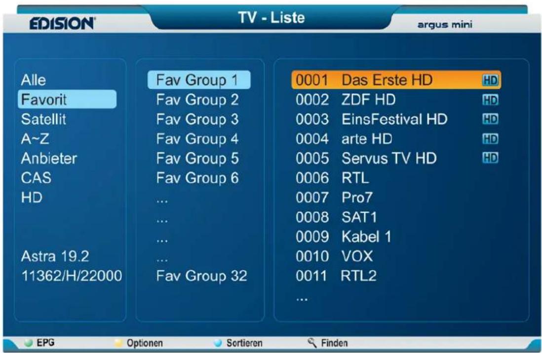 EDISION TV - Liste argus mini Alle Favorit Satellit A~Z Anbieter CAS HD Astra 19.2 11362/H/22000 Fav Group 1 Fav Group 2 Fav Group 3 Fav Group 4 Fav Group 5 Fav Group 6 ... ... ... ... Fav Group 32 0001 Das Erste HD HD 0002 ZDF HD HD 0003 EinsFestival HD HD 0004 arte HD HD 0005 Servus TV HD HD 0006 RTL 0007 Pro7 0008 SAT1 0009 Kabel 1 0010 VOX 0011 RTL2 ... EPG Optionen Sortieren Finden