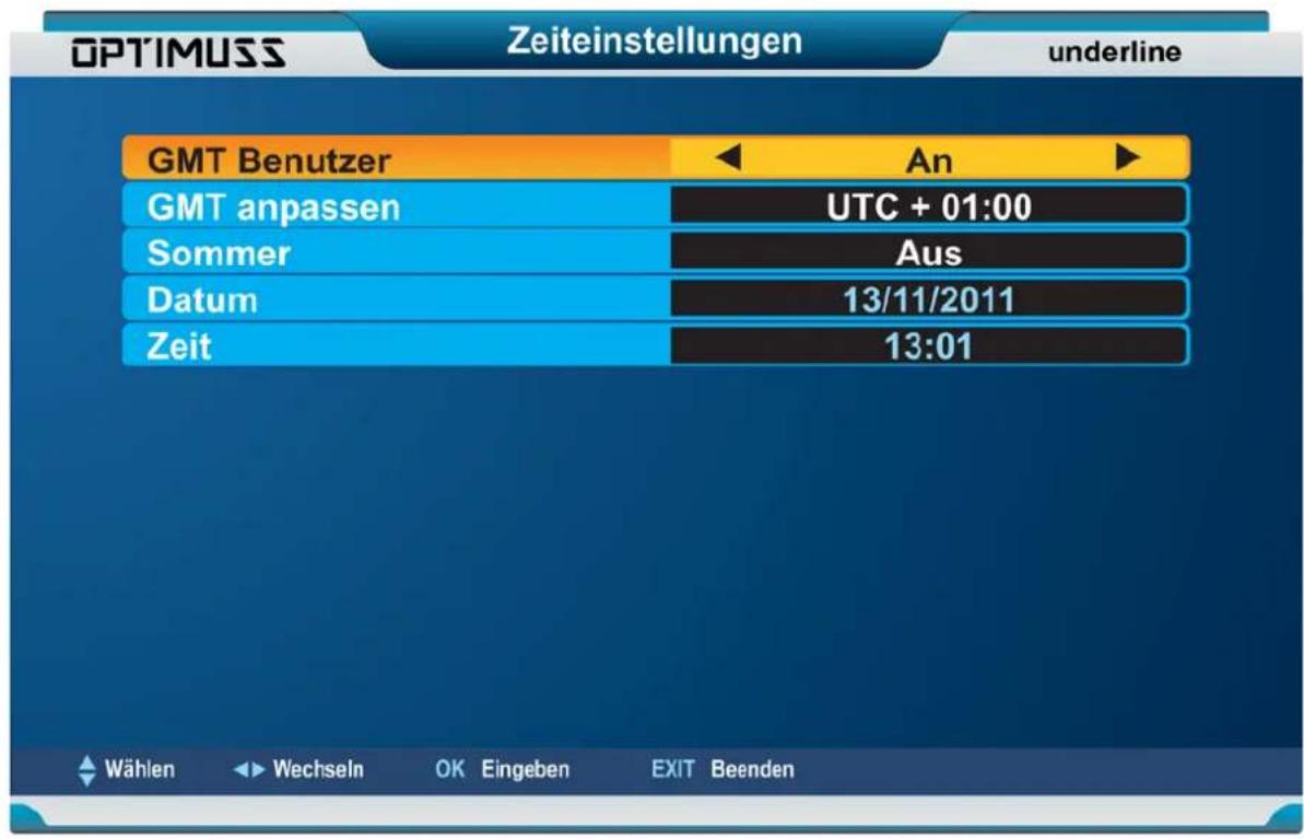 OPTIMUSS Zeiteinstellungen underline GMT Benutzer An GMT anpassen UTC + 01:00 Sommer Aus Datum 13/11/2011 Zeit 13:01 Wählen Wechseln OK Eingeben EXIT Beenden