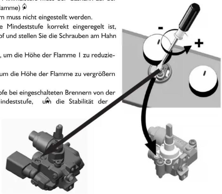lamme) ♠ n muss nicht eingestellt werden. e Mindeststufe korrekt eingeregelt ist, of und stellen Sie die Schrauben am Hahn , um die Höhe der Flamme I zu reduzie- um die Höhe der Flamme zu vergrößern ofe bei eingeschalteten Brennern von der indeststufe, um die Stabilität der