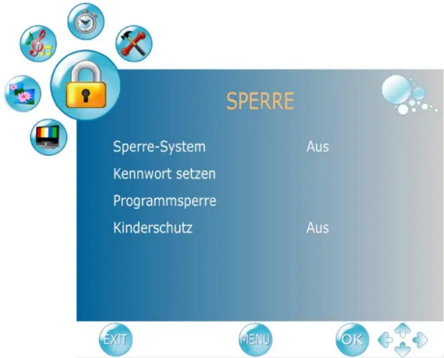 SPERRE Sperre-System Kennwort setzen Programmsperre Kinderschutz Aus Aus EXIT MENU OK