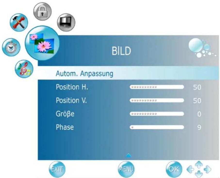 BILD Autom. Anpassung Position H. 50 Position V. 50 Größe 0 Phase 9 EXIT MENU OK