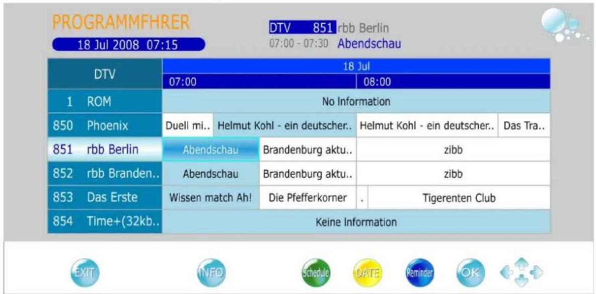 PROGRAMMFHRER 18 Jul 2008 07:15 DTV 18 Jul 07:00 08:00 1 ROM No Information 850 Phoenix Duell mi.. Helmut Kohl - ein deutscher.. Helmut Kohl - ein deutscher.. Das Tra.. 851 rbb Berlin Abendschau Brandenburg aktu.. zibb 852 rbb Branden.. Abendschau Brandenburg aktu.. zibb 853 Das Erste Wissen match Ah! Die Pfefferkorner . Tigerenten Club 854 Time+(32kb.. Keine Information