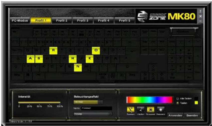 PC-Modus Profil 1 Profil 2 Profil 3 Profil 4 Profil 5 SKARK ZONE MK80 Intensität 0 25% 50% 75% 100% Beleuchtungseffekt Name: Parnakul Anwenden Alle Tagen Tasten Summe: Lüchen, Pränen, Reisen Anwenden Beendern