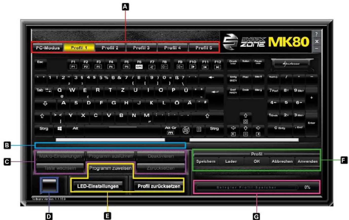 PC-Modus Profil 1 Profil 2 Profil 3 Profil 4 Profil 5 ESERK ZONE MK80 ? X - Esc F1 F2 F3 F4 F5 F6 F7 F8 F9 F10 F11 F12 P1 P2 P3 P4 P5 G/PC - - - - - - - - - - - - - - - - - - - - - - - - - - - - - - - - - - - - - - - - - - - - - - - - - - - - - - - - - - - - - - - - - - - - - - - - - - - - - - - - - - - - - - - - - - - - - - - - - - - - - A 1 ! 2 " 3 5 4 S 5 % 6 & 7 / 8 ( 9 ) 0 = f3 ? - 2 3 Tab Q W E R T Z U I O P Ü * + @ € A S D F G H J K L Ö Ä * # > < Y X C V B N M : : : : - Strg Alt Alt Gr Strg B C Mako-Einstellungen Programm ausführen Deaktivieren Taste wechseln Programm zuweisen Zurücksetzen LED-Einstellungen Profil zurücksetzen Profil Speichern Laden OK Abbrechen Anwenden G Beisigter Profil-Speicher 0% Software Version:1.1.15.9 D E