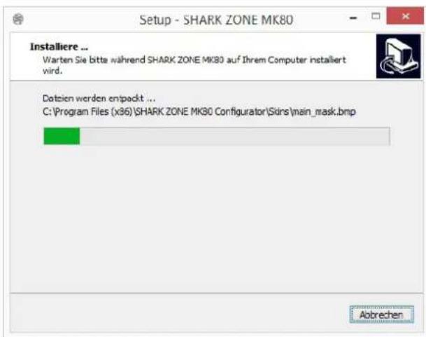 Setup - SHARK ZONE MK80 Installiere ... Warten Sie bitte während SHARK ZONE MK80 auf Ihrem Computer installiert vird. Datsien worden entpackt ... C:\Program Files (x36)\SHARK ZONE MK80 Configurator\Sirds\main_mask.bmp Abbrechen