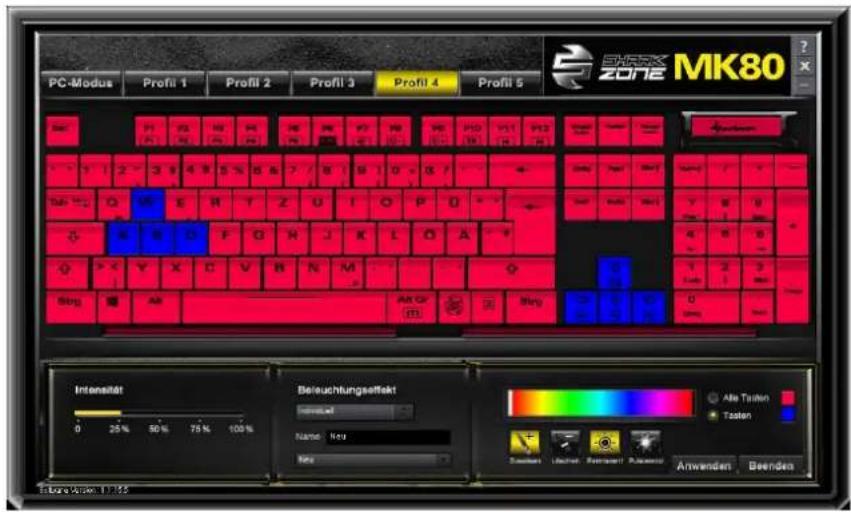 PC-Modus Profil 1 Profil 2 Profil 3 Profil 4 Profil 5 SKARK ZONE MK80 Intensität 0 25% 50% 75% 100% Beiseuchtungszeitigkeit Name: Key Key Alle Tausen Tausen Sachan Lachan Fremseff Plasienz Anwenden Beenden