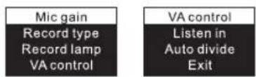 Mic gain Record type Record lamp VA control VA control Listen in Auto divide Exit
