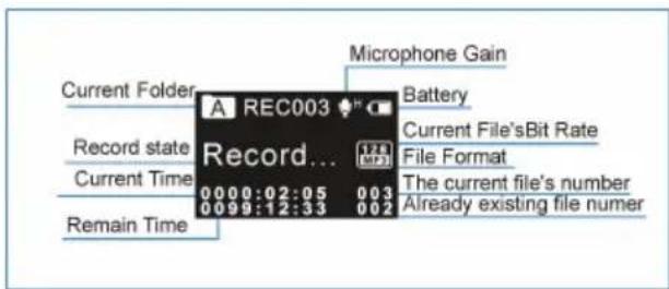 Microphone Gain A REC003 Battery Record state Current File'sBit Rate Current Time File Format The current file's number 0000:02:05 003 0099:12:33 002 Already existing file numer Record... Remain Time