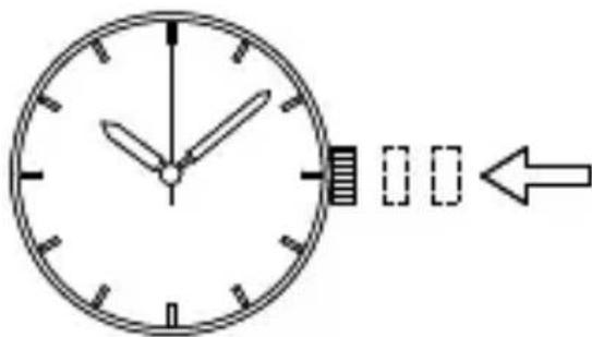 Diagram of an analog clock showing time with hour and minute hands, accompanied by a directional arrow indicating leftward movement.