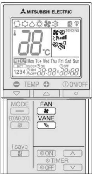 MITSUBISHI ELECTRIC 38°C WEEKLY Mon Tue Wed Thu Fri Sat Sun 1234 ON 30:00 30:00 TEMP + ON/OFF MODE ECONO COOL i save FAN VANE ON TIMER OFF