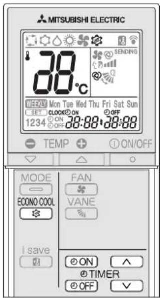 MITSUBISHI ELECTRIC 38°C WEEKLY Mon Tue Wed Thu Fri Sat Sun SET CLOCK ON OFF 1234 ON 38:88 38:88 TEMP ON/OFF MODE FAN ECONO COOL VANE i save ON TIMER OFF