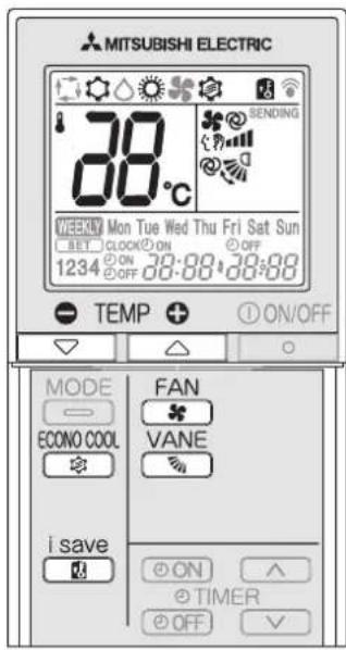 MITSUBISHI ELECTRIC 38°C SENDING WEEKLY Mon Tue Wed Thu Fri Sat Sun 1234 ON 38:88 38:88 TEMP + ① ON/OFF MODE FAN ECONO COOL VANE i save ON TIMER OFF ✓