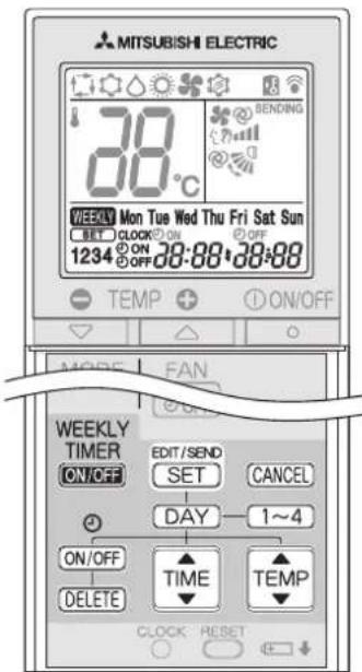 MITSUBISHI ELECTRIC 30°C SENDING WEEKLY Mon Tue Wed Thu Fri Sat Sun SET CLOCK ON OFF 1234 ON 08:88 08:88 TEMP ON/OFF WEEKLY TIMER EDIT/SEND CANCEL ON/OFF SET DAY 1~4 ON/OFF TIME DELETE TEMP CLOCK RESET