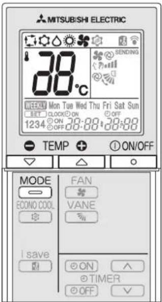 MITSUBISHI ELECTRIC 38°C WEEKLY Mon Tue Wed Thu Fri Sat Sun 1234 ON 28:00 28:00 TEMP + ON/OFF MODE ECONO COOL FAN VANE i save ON TIMER OFF △ ○